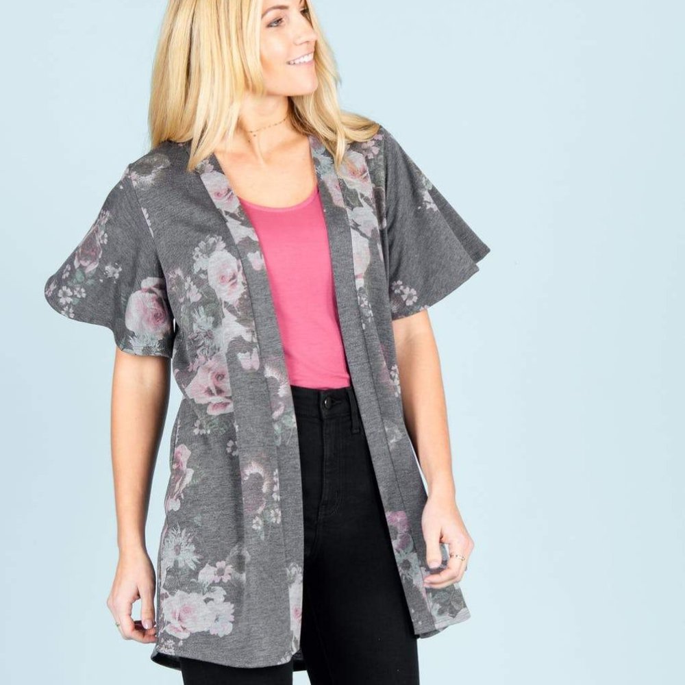 Agnes & Dora™ Flutter Sleeve Cardi Charcoal Floral